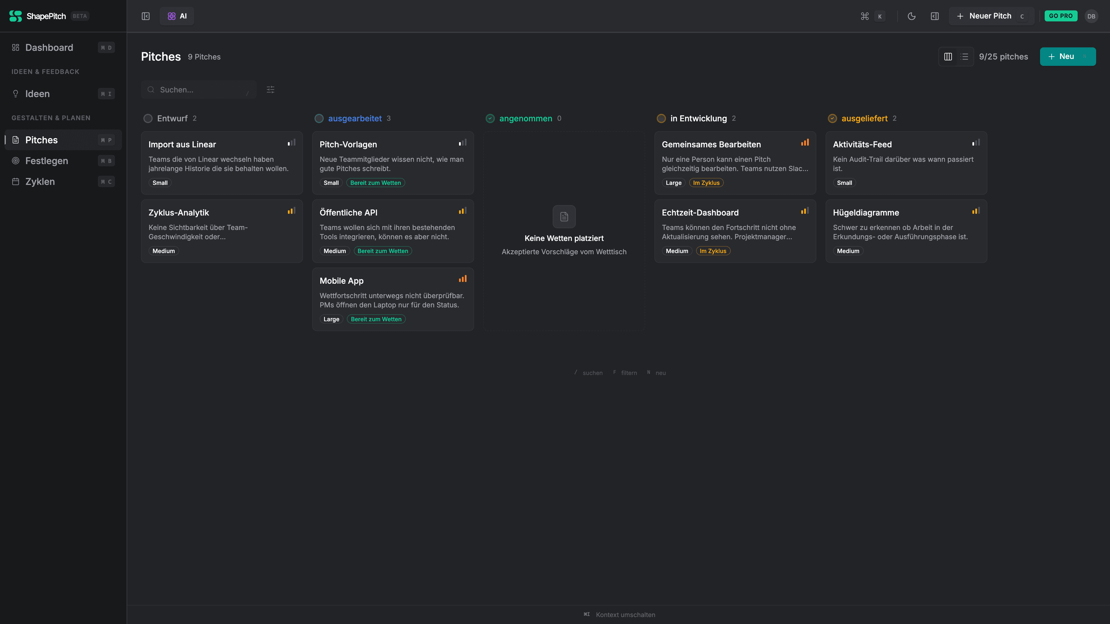 Visual product roadmap board with kanban columns for draft, ready, and shipped briefs