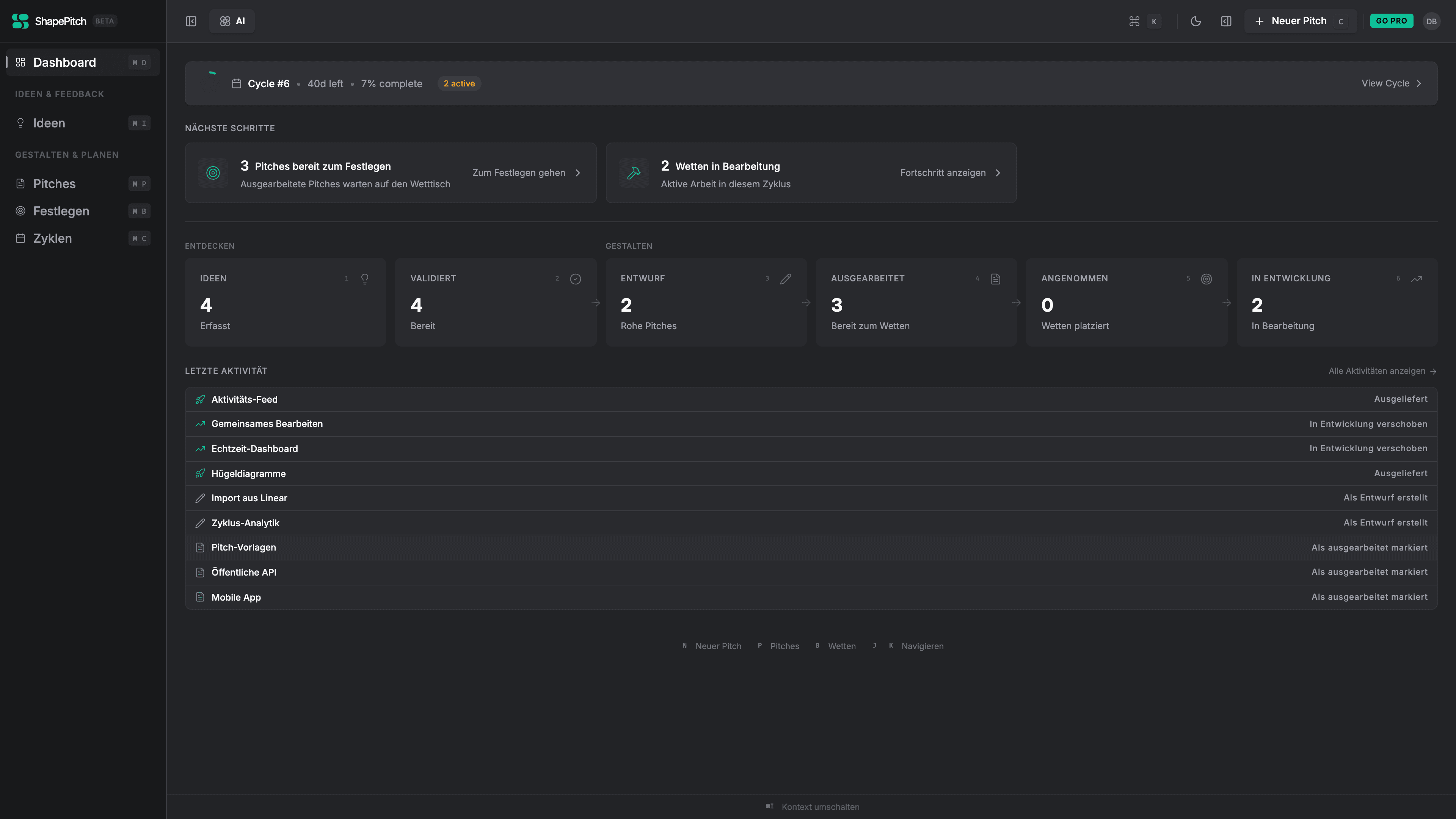 ShapePitch product strategy dashboard showing discovery stats, brief progress, and delivery overview
