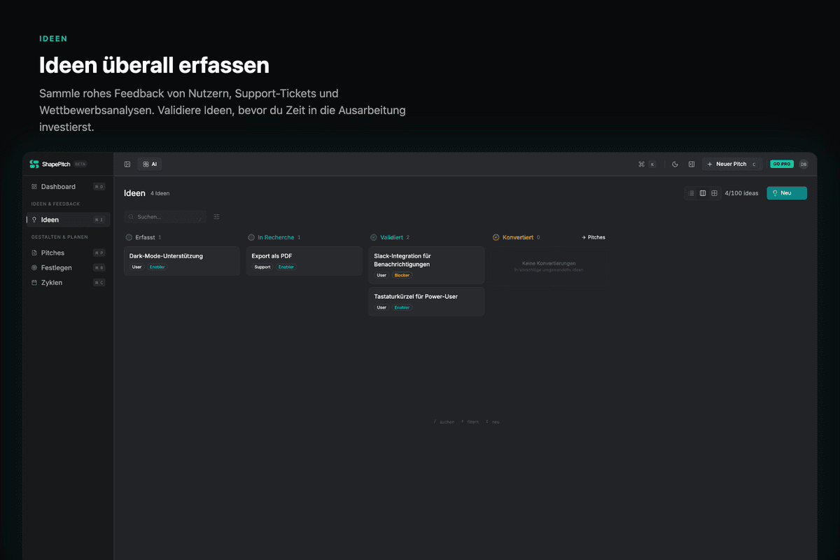 Ideas kanban board for organizing feedback