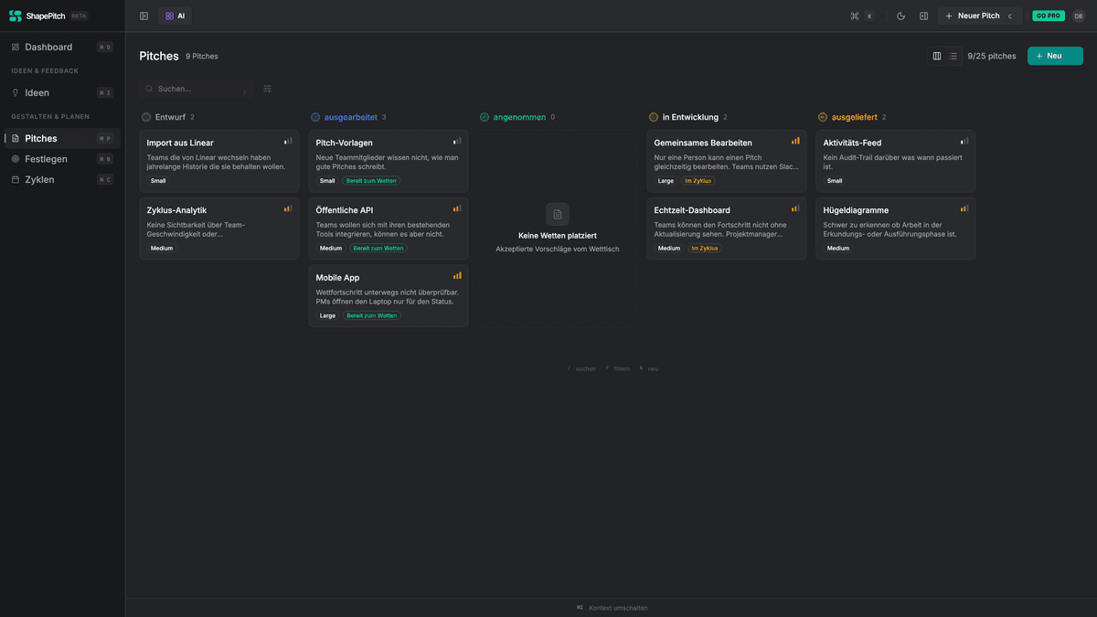 Kanban board for managing product briefs from draft through to shipped