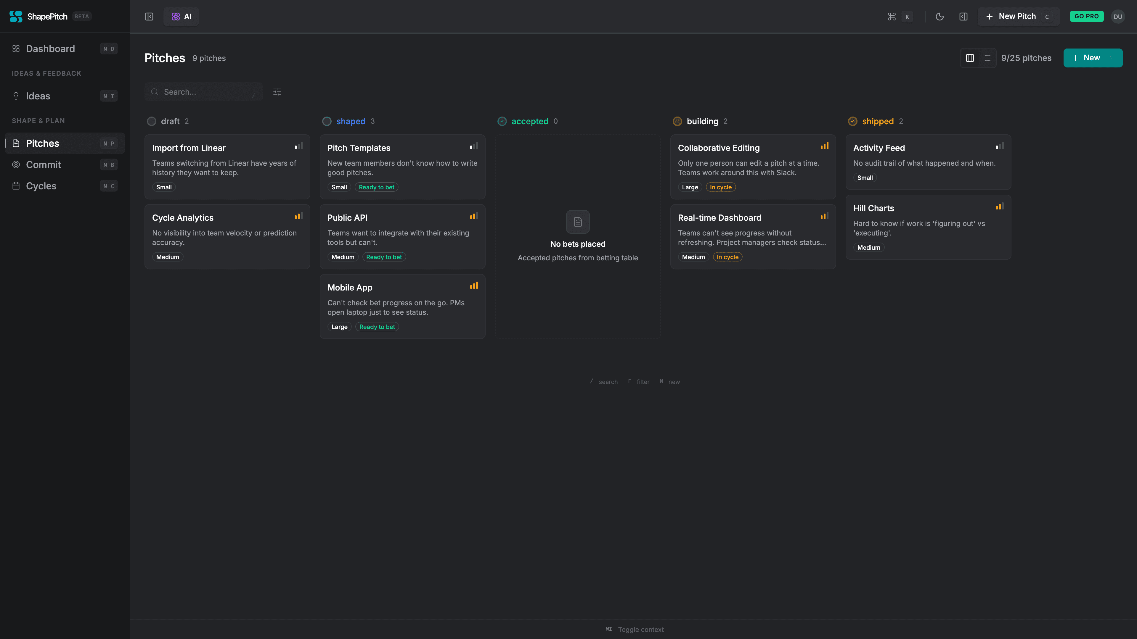 Visual product roadmap board with kanban columns for draft, ready, and shipped briefs