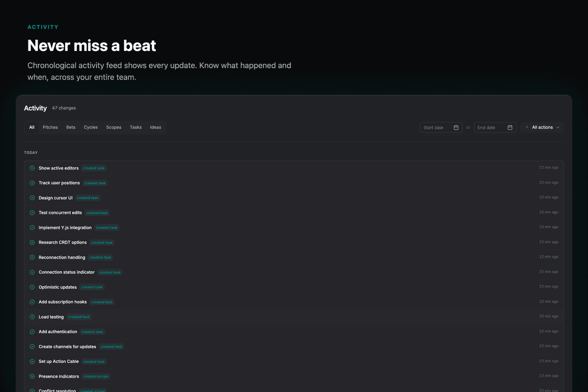 Real-time activity feed showing team progress and product discovery updates