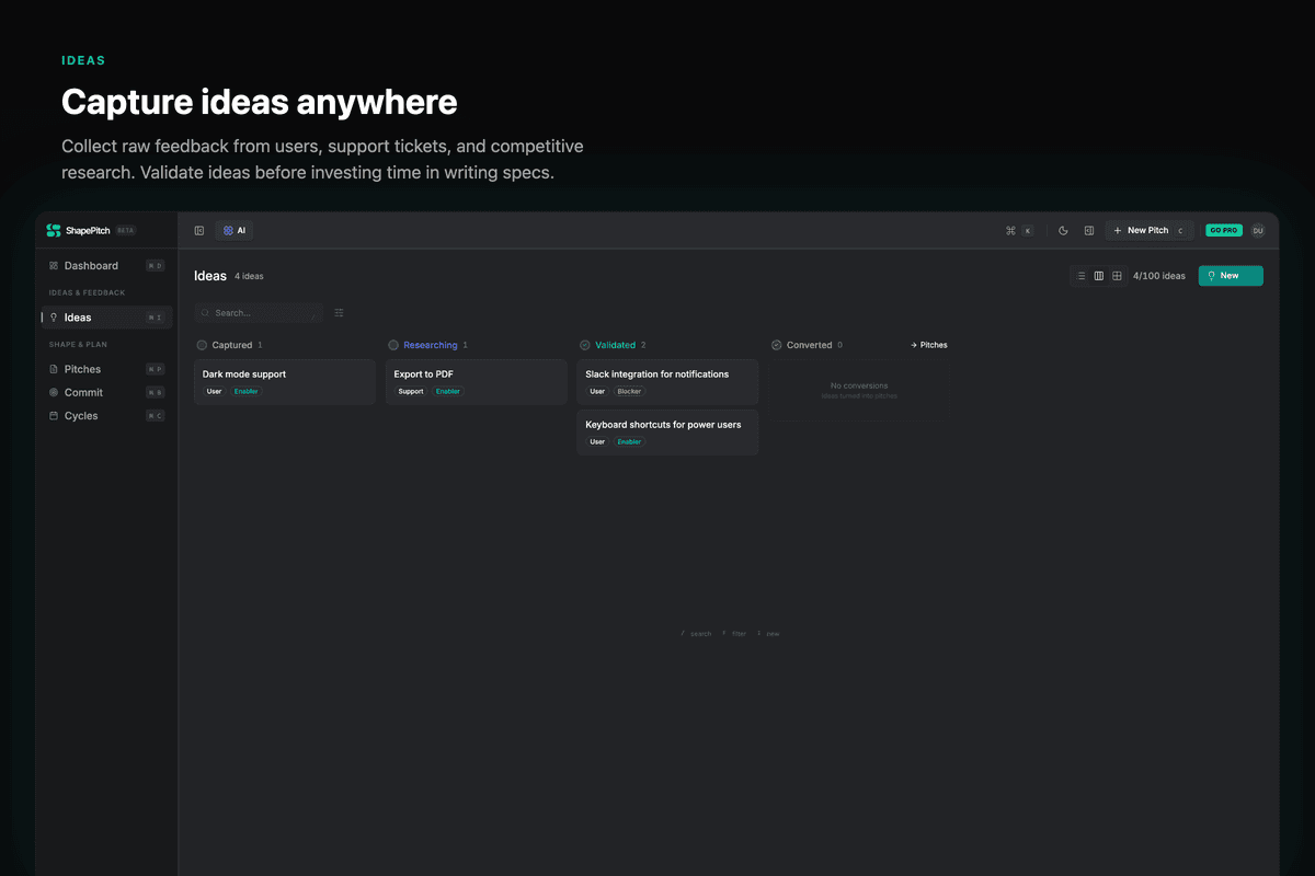 Ideas kanban board for organizing feedback