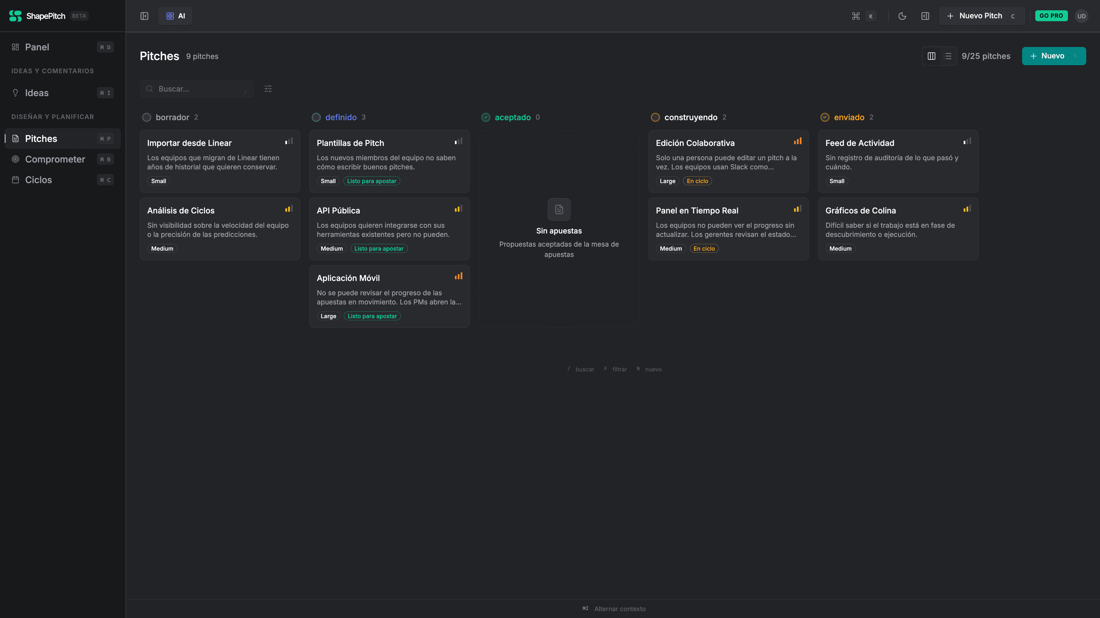 Visual product roadmap board with kanban columns for draft, ready, and shipped briefs