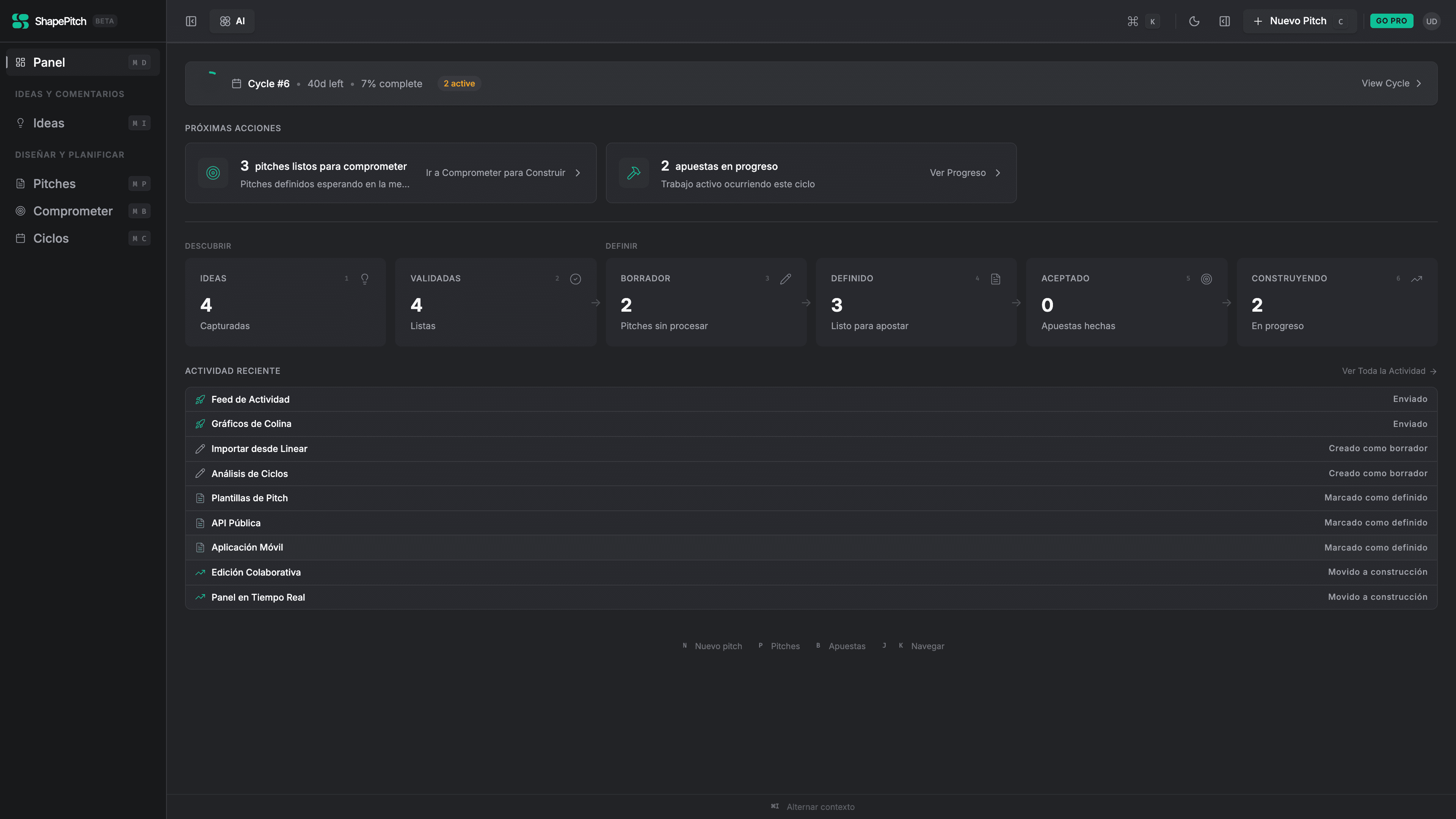 ShapePitch product strategy dashboard showing discovery stats, brief progress, and delivery overview