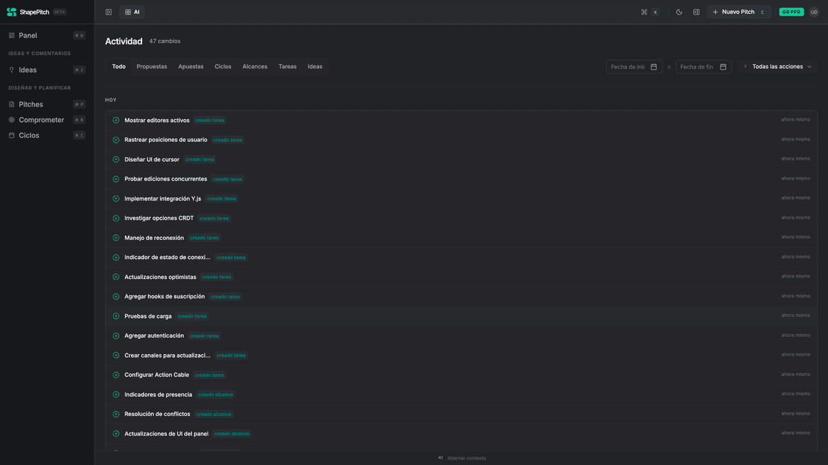 Real-time activity feed showing team progress and product discovery updates