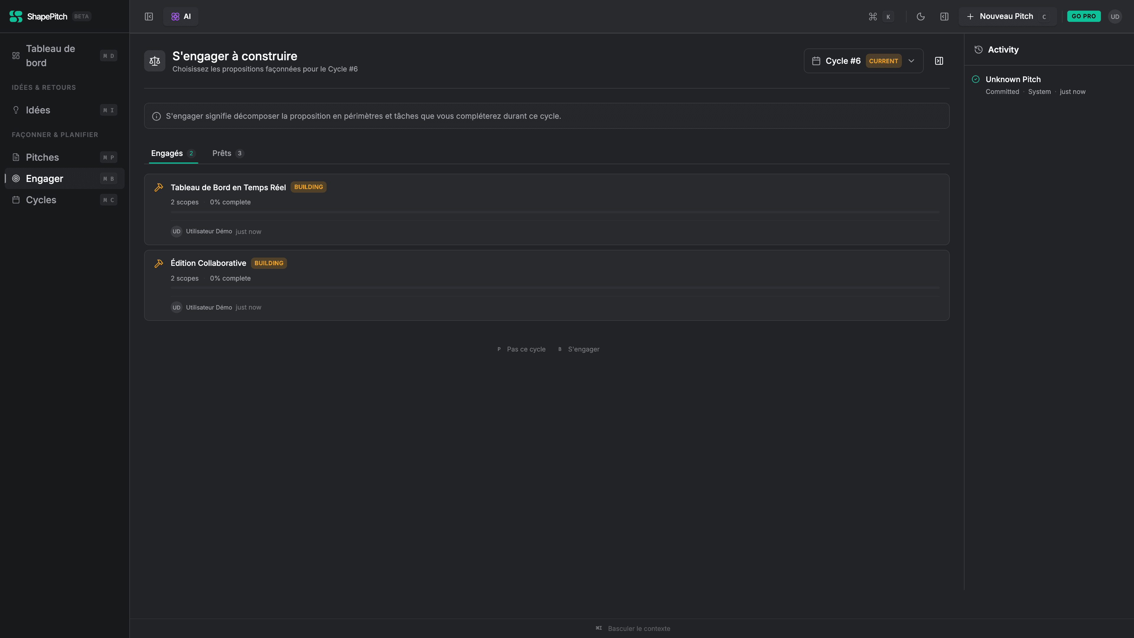 Product prioritization table showing cycle commitments and time budget allocation
