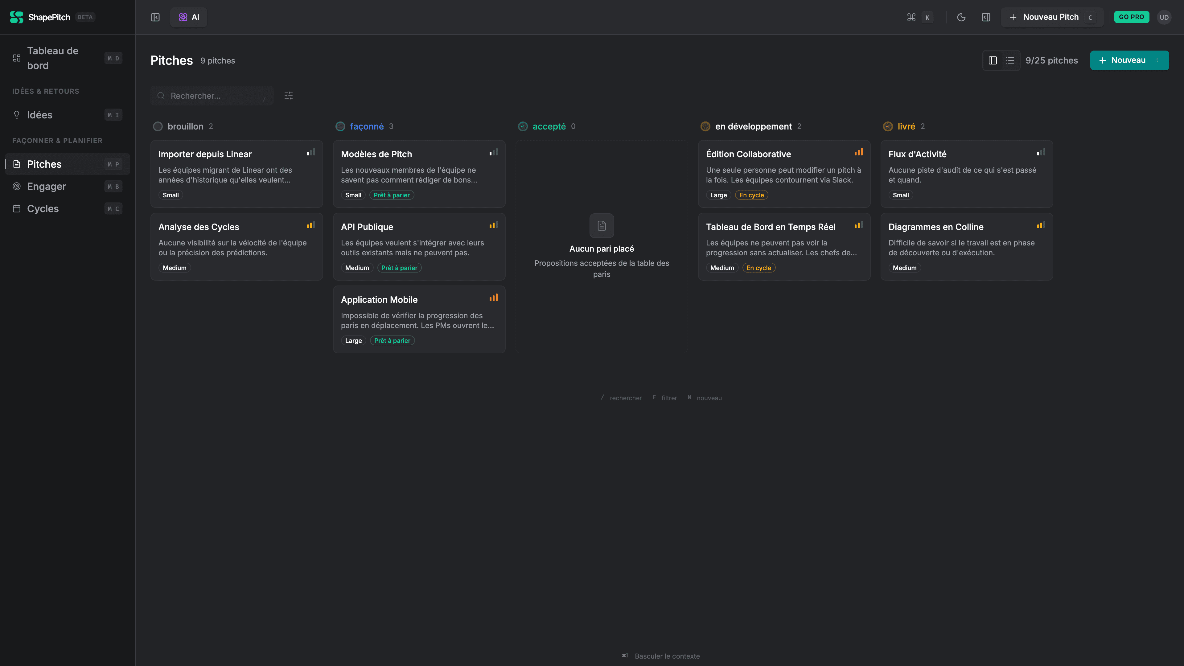 Visual product roadmap board with kanban columns for draft, ready, and shipped briefs