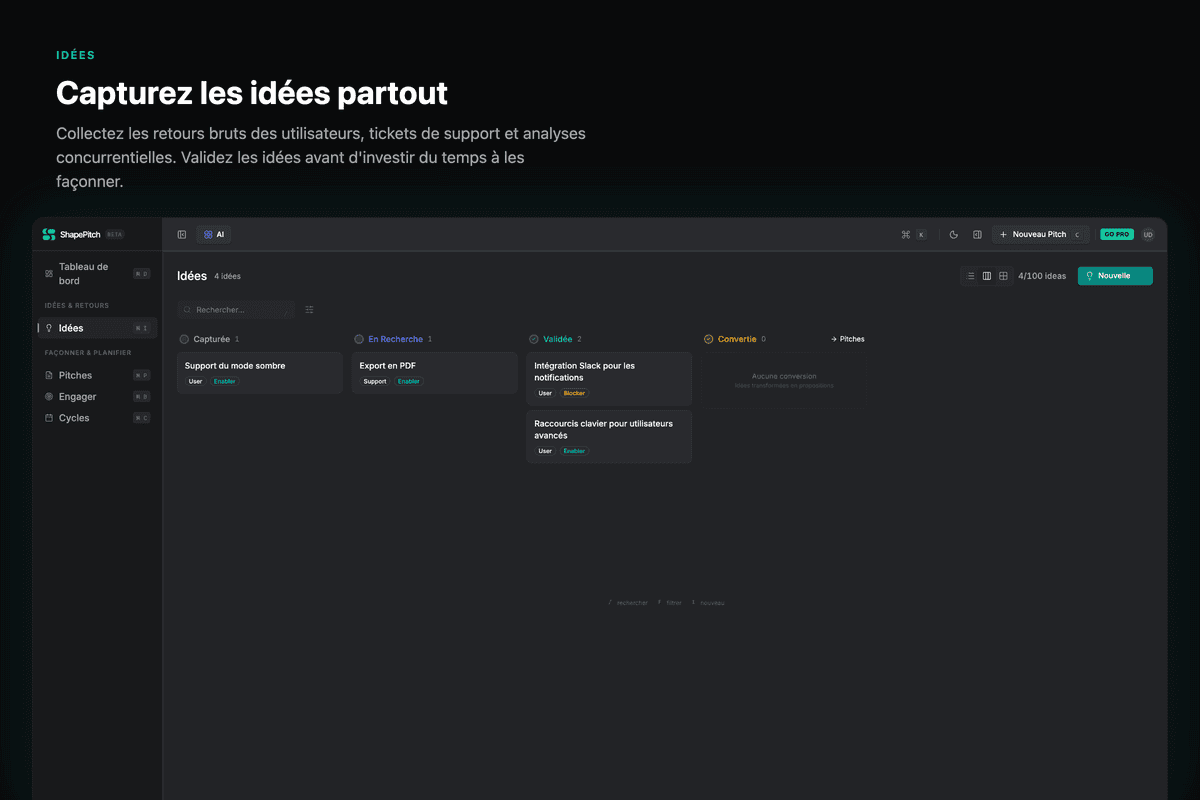 Ideas kanban board for organizing feedback