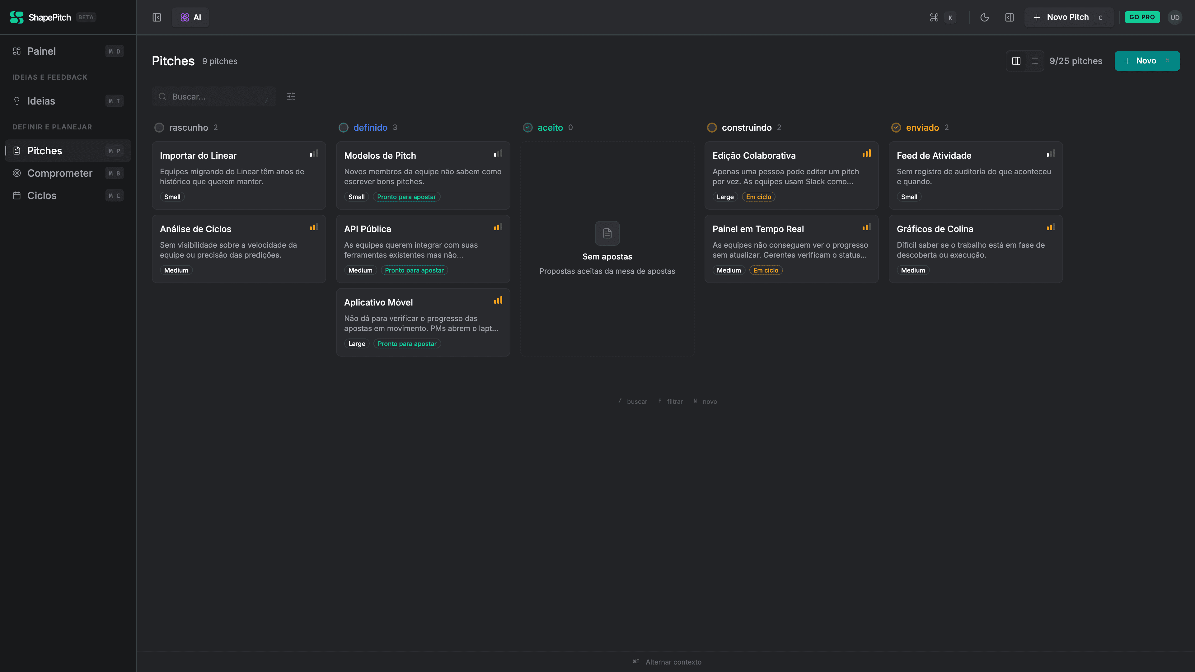 Visual product roadmap board with kanban columns for draft, ready, and shipped briefs