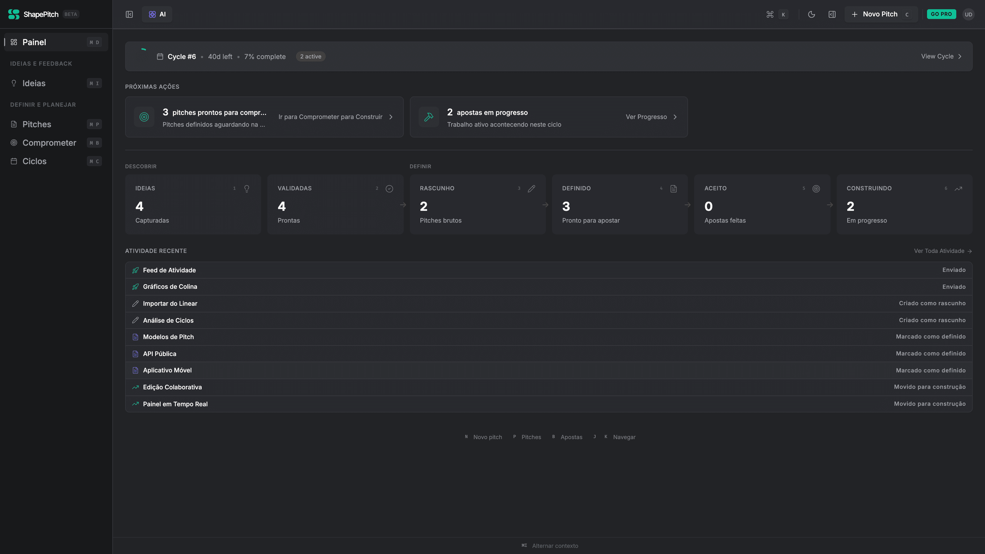 ShapePitch product strategy dashboard showing discovery stats, brief progress, and delivery overview