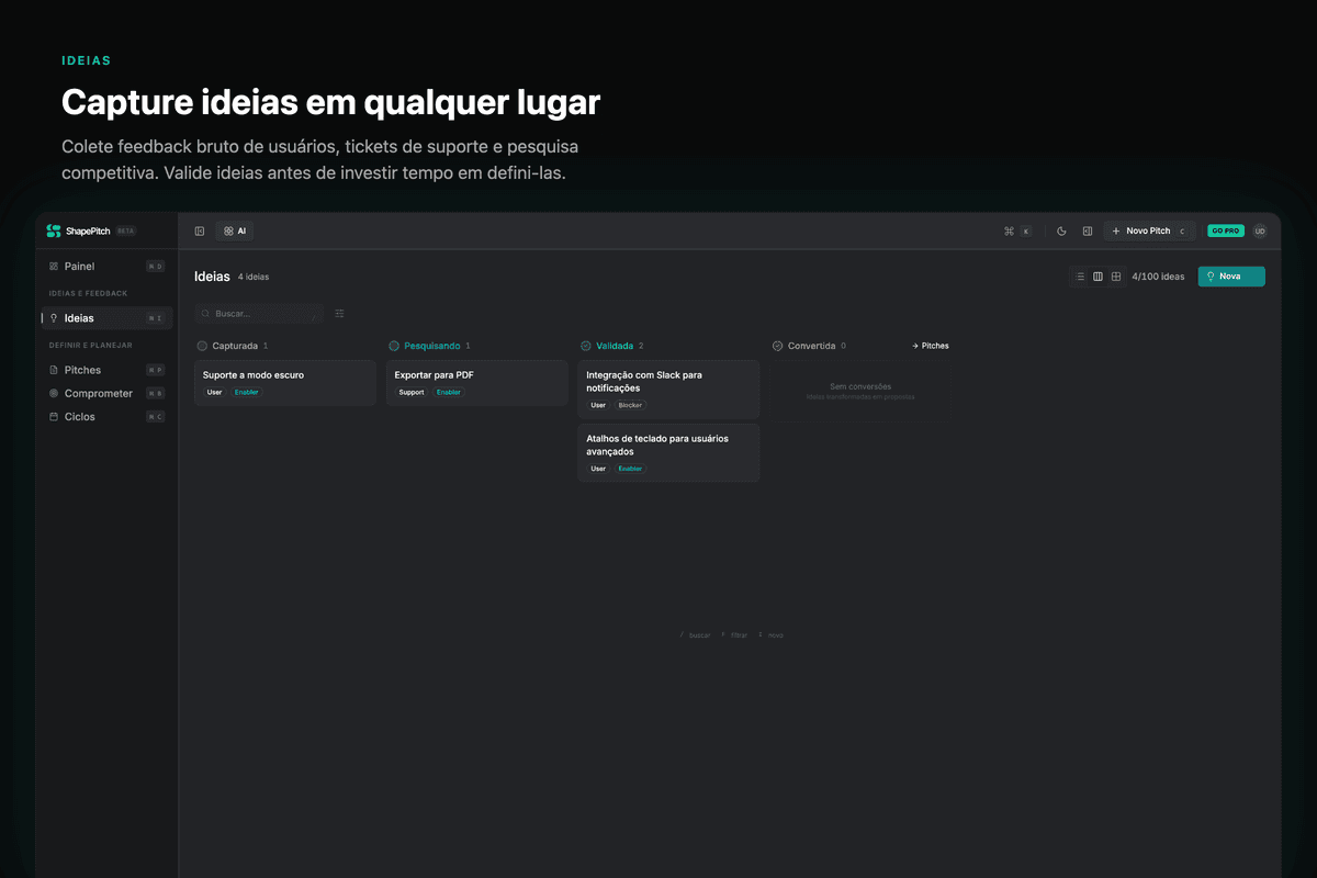 Ideas kanban board for organizing feedback